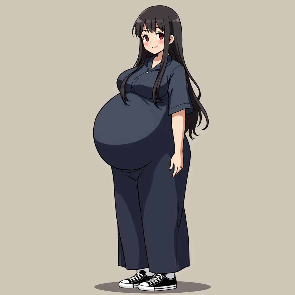 anime girl, long hair,dark black hair, big pregnant, dark red eyes , very big breasts, very big belly , pregnant girl, biggest belly , anime style, big breasts, pregnant girl with big belly, smile, dark blue long dress,white thin tights, big pregnant belly...