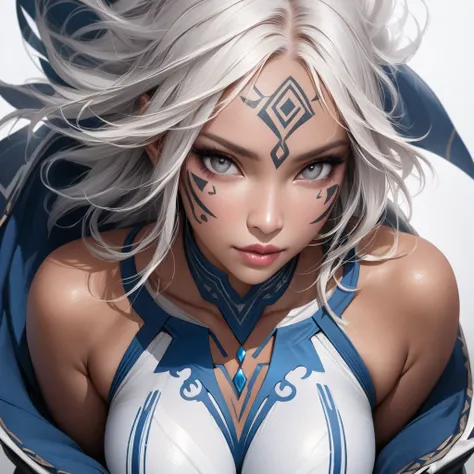 hyper realistic, high resolution, masterpiece, detailed, solo, young beautiful Atlantean woman, curvy, tan skin, grey eyes, white hair, tribal face tattoo blue, white bodysuit, sapphire flip flops 