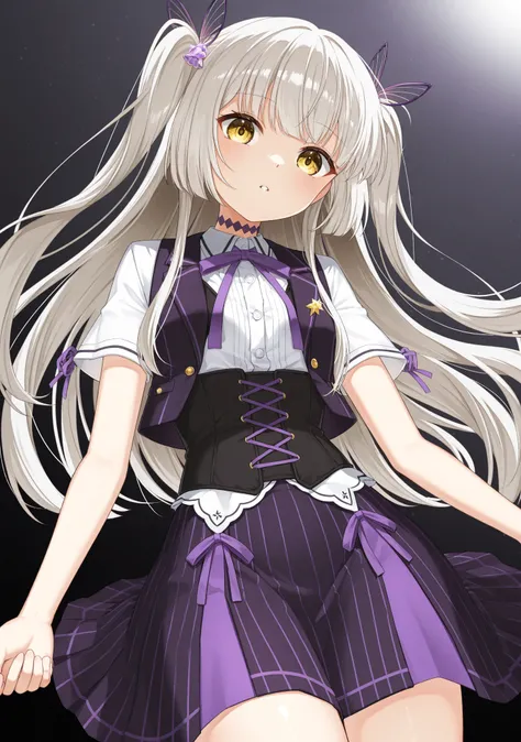 Girls, gray-haired, long-haired, yellow-eyed, small breasts, goldfish hair ornament, sidelocks, grayorange-haired, shiny hair, modern uniform, (golden eyes: 1.2), (two long triangular extensions on the skirt, vest corset on the stomach), white buttons of t...