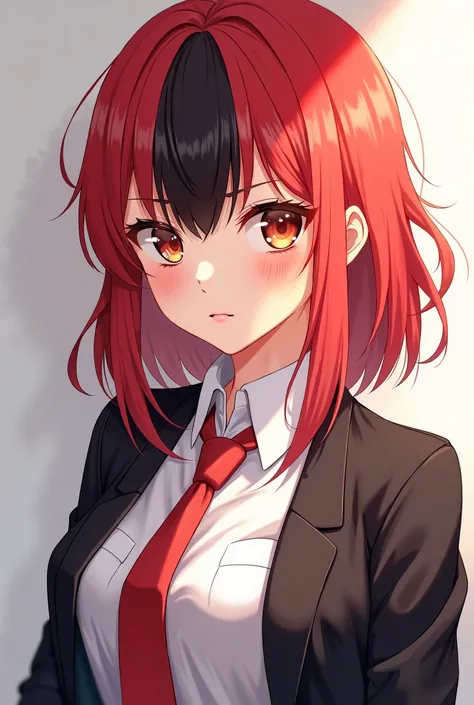 Anime young redhead with black bangs in front wearing white school shirt, tie red tie, black outer shirt