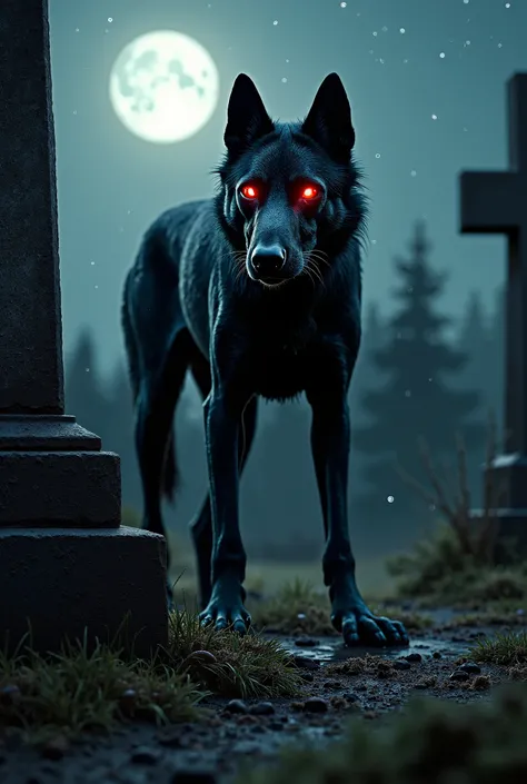 A realistically rendered image capturing a close-up of a ferocious Skinwalker dog standing confidently beside a mud-splattered grave in a cemetery at night.  The Skinwalker dog is a dog-like creature with an unearthly glow that reflects a menacing red colo...