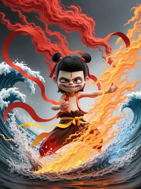 nezha, Chinese black and white ink painting,overall illustration style,nezha,This is a digital CGI image of a young,anime-style boy with black hair in twin buns,red eyes,and a mischievous grin. She wears a sleeveless red top,brown pants with a yellow sash,...