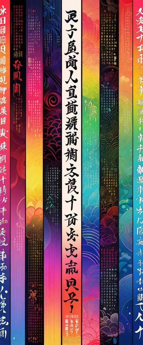 ( Masterpiece, top quality, very detailed,8k wallpaper),red letters on black, geometric pattern ,color, lively, sharp, straight,  vertical text with small letters ,Japanese Characters,Hiragana,Katakana, Chinese characters,Metallic luster,Fantastic rainbow ...