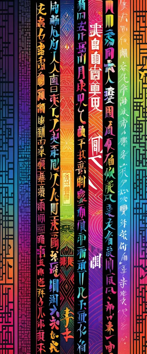 ( Masterpiece, top quality, very detailed,8k wallpaper),red letters on black, geometric pattern ,color, lively, sharp, straight,  vertical text with small letters ,Japanese Characters,Hiragana,Katakana, Chinese characters,Metallic luster,Fantastic rainbow ...