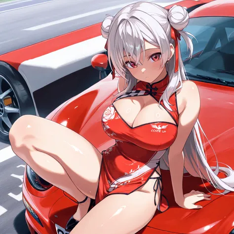 masterpiece, (((( best quality )))),1 girl,( Japanese anime),,shiny skin, red china dress knocked out, Race Queen, silver hair,Half twin hair ,big breasts, Height,car,Porsche 911 