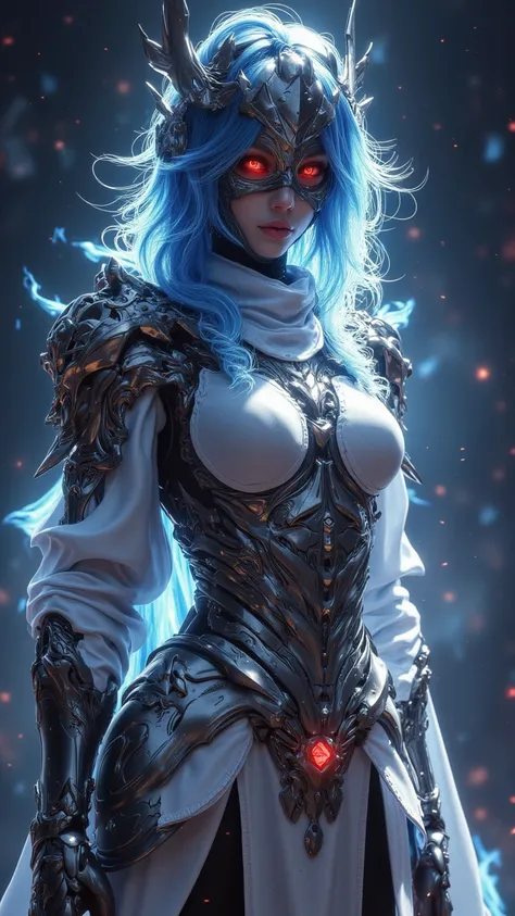  A close-up of digital fantasy artwork ， depicts a female knight 。 full body shot ，Her pale complexion ， Her hair is bright blue ， with light highlights ， Red eyes radiating a flame-like glow 。 She wears a carefully designed fantasy girdle helmet A， Gloves...