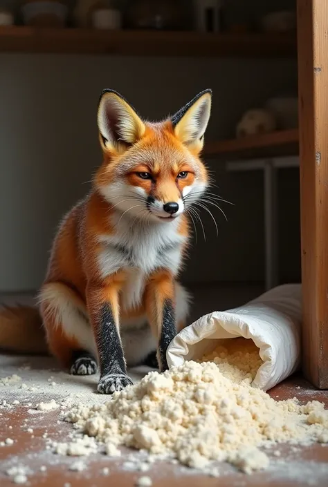 Show Fox in his den, covered in flour, with a frustrated expression. The flour bag lies open, spilling its contents onto the floor. Around him, messy attempts at mixing flour with water or other ingredients are scattered, and his paws are coated in sticky ...