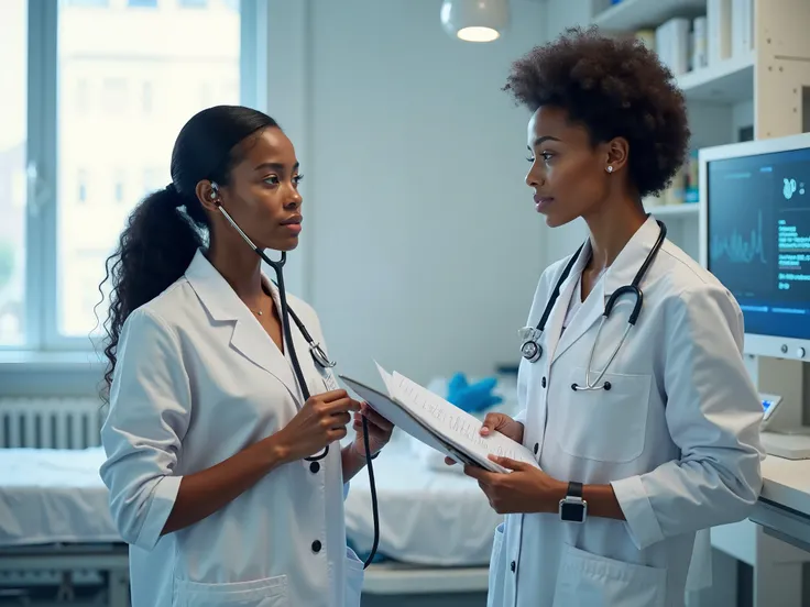 Une étudiante en sciences infirmières, de teint noir, avec des traits naturels et une expression concentrée, porte une blouse médicale blanche impeccable et un badge d'identification. Elle est accompagnée d'un étudiant, également de teint noir, vêtu d'une ...