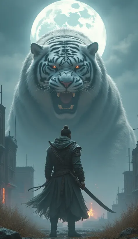  CG、 game characters、(( The summoned beast that looks like a giant and strict white tiger in the back ))、 super cool male warrior character in the foreground 、((( a super cool and legendary warrior character with a famous sword drawn in 3DCG)))、The summone...