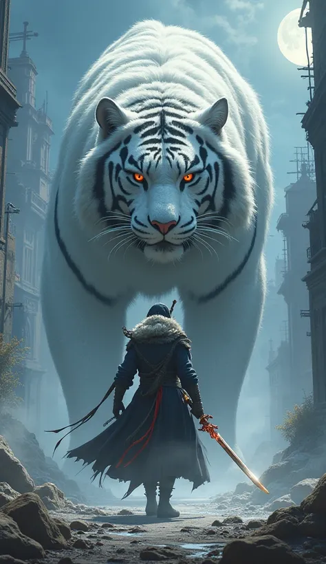  CG、 game characters、(( The summoned beast that looks like a giant and strict white tiger in the back ))、 super cool male warrior character in the foreground 、((( a super cool and legendary warrior character with a famous sword drawn in 3DCG)))、The summone...