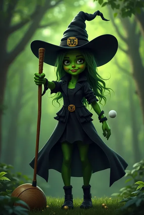  create animated images like wicked posters, a green-faced female witch in black complete with her magic hat, holding stickgolf, The other hand holds the golf ball,  and then on the other side there is a fairy-like female figure holding a golf club as well...