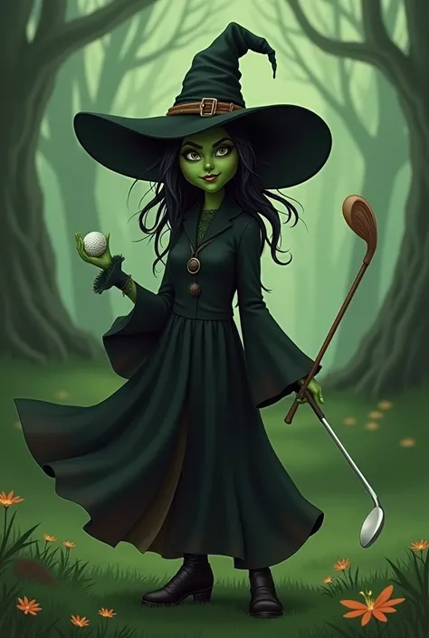  create animated images like wicked posters, a green-faced female witch in black complete with her magic hat, holding stickgolf, The other hand holds the golf ball,  and then on the other side there is a fairy-like female figure holding a golf club as well...