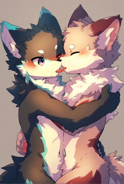 Kemono, 2boys, naked, cuddle, hugging, kissing, tongues, source_furry, score_9, score_6_up, zPDXL 