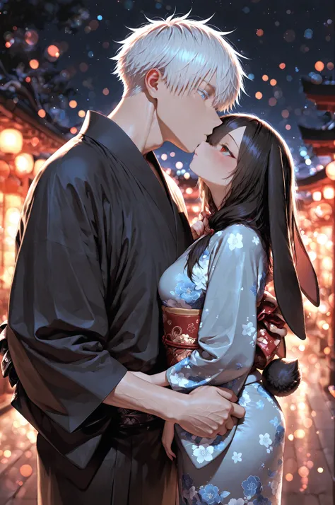 1girl, lop-eared rabbit kemonomimi, rabbit ears, rabbit tail, red eyes, hair over right eye, black hair, large breasts, petite, intricate kimono, couple, hetero, duo focus, size difference, height difference, bending, kissing, night, stars, bokeh, 1boy, ma...