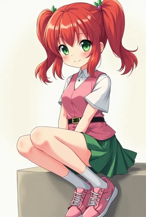 Anime style beautiful young girl sitting red-haired hair of 2 chongos with green eyes of white complexion pink vest with short sleeve white shirt with belt of 1 flower strong green miniskirt short socks and luxury sneakers 