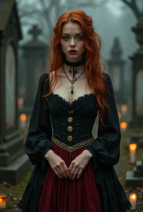 I wanted an image of a woman wearing black clothes, a black corselet with a round skirt with gypsy coins, her skirt must be red, black and with gold details.,She has auburn hair,Her eyes must be vibrant red and she must be in a cemetery filled with tombs i...