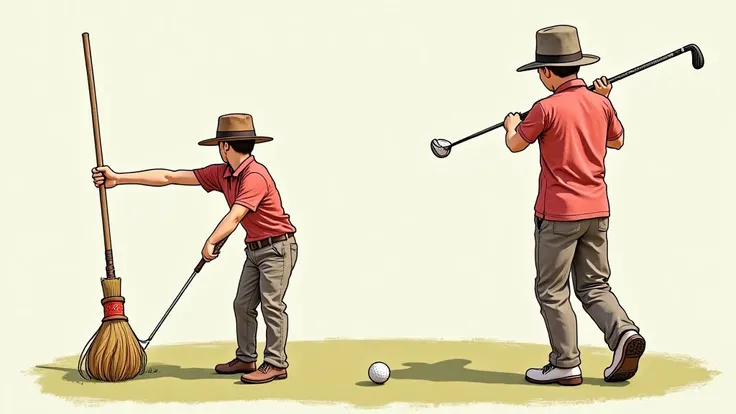 make a drawing of a picture like an example, without changing the original image,  yet only turns the broom into a golf stick, and magic wands become golf sticks as well as magicians holding golf balls.