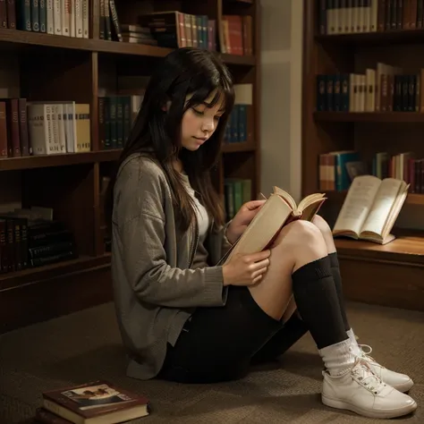 An anime dirty introverted bookish girl sitting alone in the library corner reading books. She looks gloomy and dark