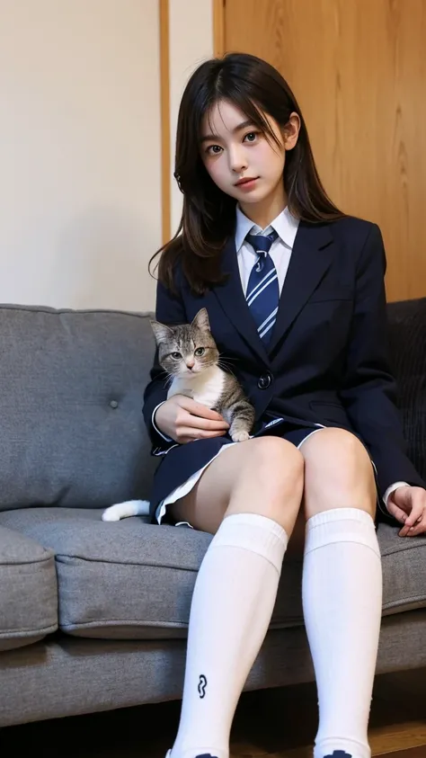 Japanese girls
white high socks,,  school uniform, Sneakers
The cat is on the sofa