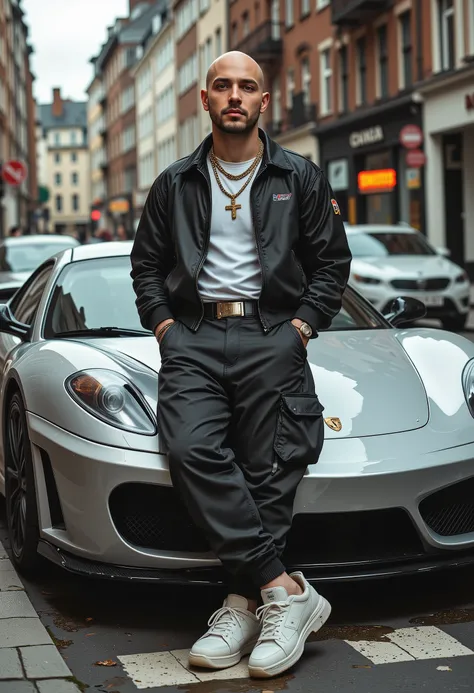 Young bald white European man with an unshaven athletic build dressed in hip-hop style. Standing on a city street carelessly leans on a silver sports car.