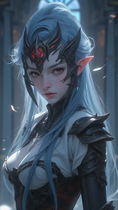  A close-up of digital fantasy artwork ， depicts a female knight 。 full body shot ，Her pale complexion ， Her hair is bright blue ， with light highlights ， Red eyes radiating a flame-like glow 。 She wears a carefully designed fantasy girdle helmet A， Gloves...