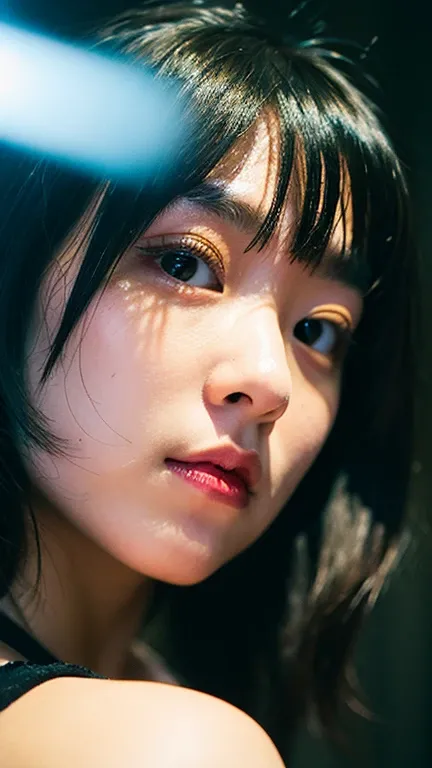 ultrahigh-res,best quality and best aesthetic,(film photography:1.2),film grain,film particles,grainy,cowboyshot,flash photography, a photo of a 20-year-old Japanese idol, solo focus, black hair, looking at viewer, mascara,black eyes,long hair, eye shadow,...