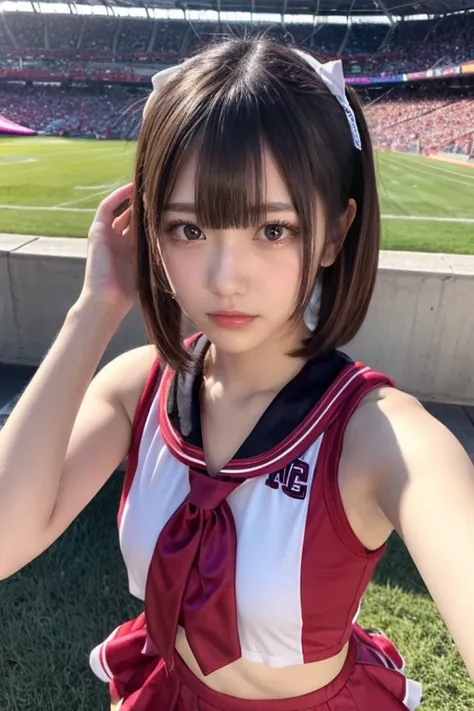  Cute Japanese Woman、  beautiful skin 、 beautiful hair、    short hair length  、  bob hair、   Hair、   beautiful eyes 、brown eye color、    embarrassing look  、place：  STADIUM、  cheerleader、The naughtiest pose、Less exposure、 Watch Viewers、