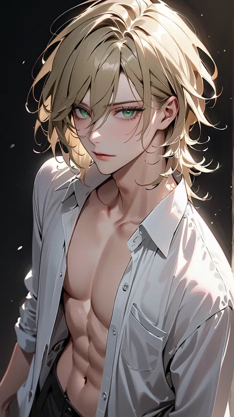 ((Masterpiece)), ((best quality)), ((ultra detailed)), 16k, ((Black background)), From the top of the head to the waist, beautiful blond young man, dark green eyes:1.3),  long, slender eyes, (Three white eyes),  medium hair,  open shirt, Dangerous Man, Sle...