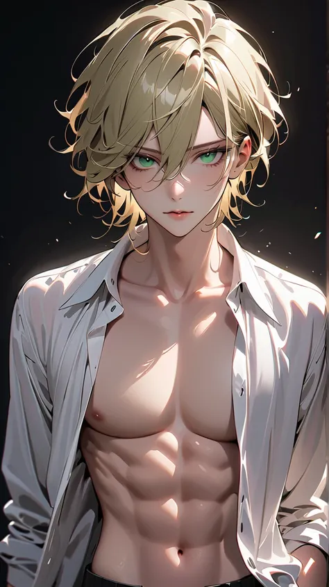 ((Masterpiece)), ((best quality)), ((ultra detailed)), 16k, ((Black background)), From the top of the head to the waist, beautiful blond young man, dark green eyes:1.3),  long, slender eyes, (Three white eyes),  medium hair,  open shirt, Dangerous Man, Sle...