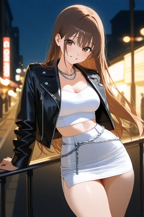  Beautiful girl, alone,  long straight brown hair,  black unbuttoned leather jacket, silver chain necklaces on the neck,  white crop top with tight straps ,  white miniskirt, chain around the waist,  medium breasts,  thin waist ,  marked abdomen,  big thig...