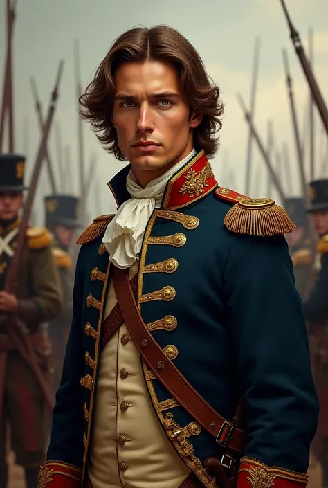 A handsome soldier from France in the 1700s ,he has long brown hair, green eyes, he's heading to war