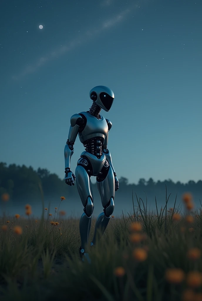 A sleek, humanoid robot with a metallic silver exterior, subtly reflecting the moonlight, and glowing blue sensors, moves with fluid grace through a vast, slightly undulating field. The field isn't perfectly manicured; patches of wildflowers add splashes o...