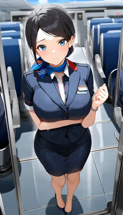 (((( Masterpiece)))), (((( top quality)))), nothing ,fine grain, detailed face, Detailed Expression Description , fine grain 、 detailed face、 detail hair 、 Sparkling Skin 、sweat、, Japan airline's flight attendant , A uniform that fits the skin ,  ,tight sk...