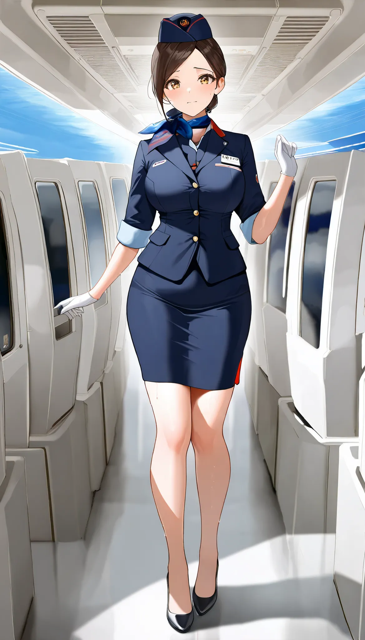 (((( Masterpiece)))), (((( top quality)))), nothing ,fine grain, detailed face, Detailed Expression Description , fine grain 、 detailed face、 detail hair 、 Sparkling Skin 、sweat、, Japan airline's flight attendant , A uniform that fits the skin ,  ,tight sk...