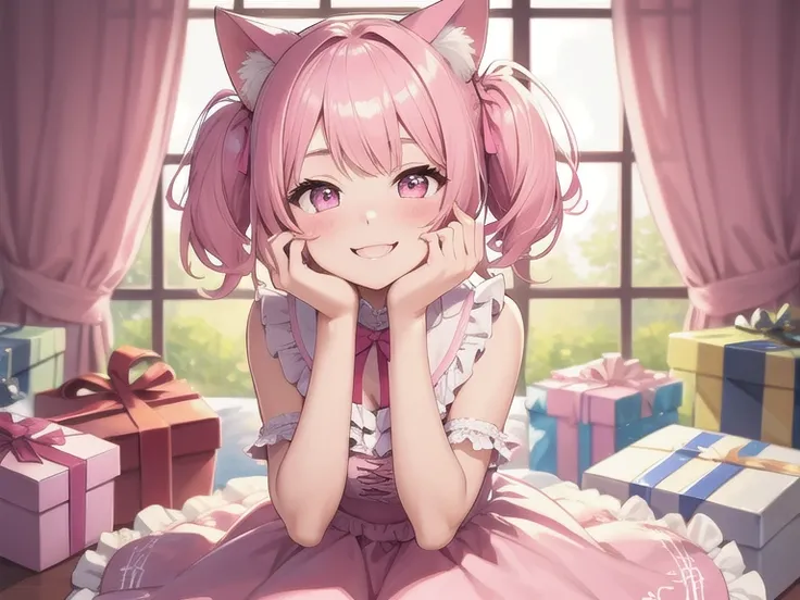 Best quality, high resolution, detailed, beautiful image quality, one girl, cute dress with frills, pink dress, pink hair, twin tails, cat ears, lolicon feeling, smiling face, hands on cheek, cake, gift box, white and pink room,