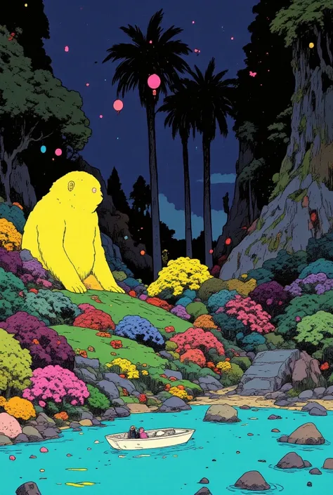 A fantastic crimson sunset in a fabulous forest.  Jungle Turquoise Lake Ukiyo-e Anime .  A lemon beast with neon streaks is furry and incredible sitting on the shore. A glowing white boat floating in the lake, lots of colorful plants, insects and fungi.  N...