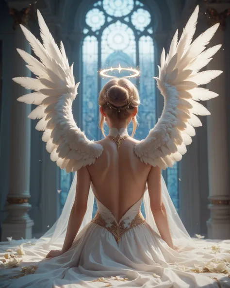 An angel with large wings on her back, facing away, gazing into the distance.