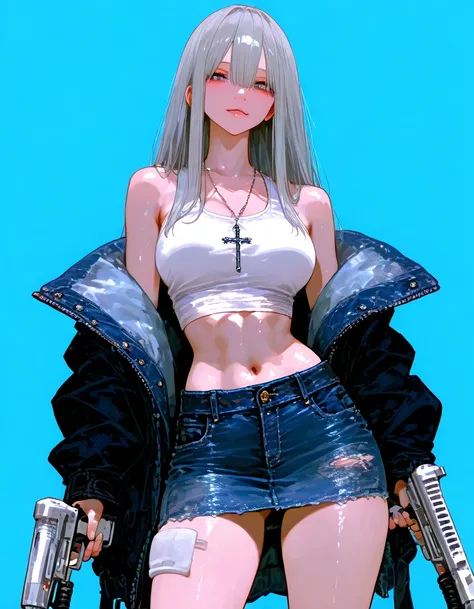         8k wallpaper、  Masterpiece、最  high quality            、              high quality            、             very aesthetic ,             absurd,   latest,               1 female、 white tank top  、  denim miniskirt、 cross necklace 、 gray hair、 long h...