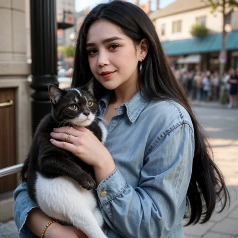 ((((bbw )))) a woman holding a cat in her arms, long hair, brown hair, brown eyes, earrings, bracelet, lips, grey eyes, animal, ring, holding animal, holding cat