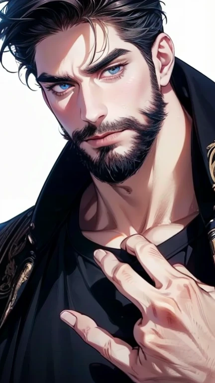 (  stupid,4K,8k,  highres,  masterpiece:1.2),  ultra-detailed,(realistic,photorealistic,photo-realistic:1.37),36-year-old man,3 day beard,cute anime ,Portraits,strong,Masculine,  dark hair,sharp jaw,    mesmerizing eyes    ,  perfectly combed hair,  cool a...