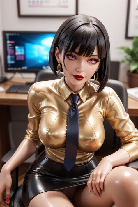 2 japanese girls,   sitting at the computer in the apartment, bob cut,    black hair   ,  in an extremely tight ,  shiny , golden latex office suit , straight bangs ,   saliva,  salivafluss,  salivaspur,    expressionless eyes  , Breasts ,   earrings, Pink...