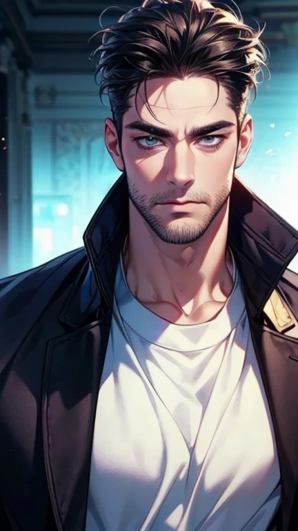 (  stupid,4K,8k,  highres,  masterpiece:1.2),  ultra-detailed,(realistic,photorealistic,photo-realistic:1.37),36-year-old man,3 day beard,cute anime ,Portraits,strong,Masculine,  dark hair,sharp jaw,    mesmerizing eyes    ,  perfectly combed hair,  cool a...