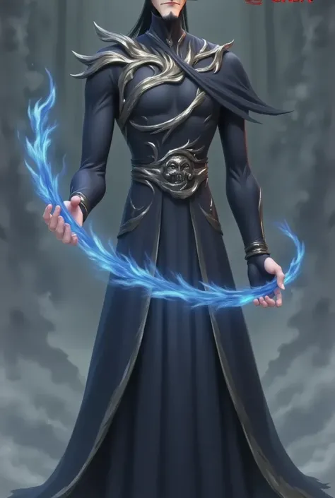 Closeup of a man in black clothes holding a blue flame,  heise jinyao, Inspired by Huang Shen , Inspired by Li Kan, Inspired by Li Gonglin,  Inspired by Shen Quan , dragon, xianxia hero,  G liulian art style ,   inspired by Kwan Daosheng  , Inspired by She...