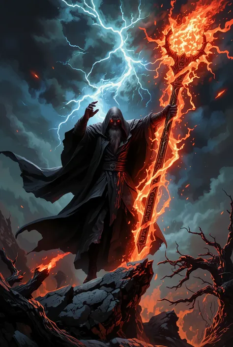 "Illustrate a dark and powerful black magician standing on a rocky cliff under a stormy night sky, wielding an ancient, rune-covered staff crackling with dark energy. With one arm raised, he channels immense magical power, summoning a massive, fiery meteor...