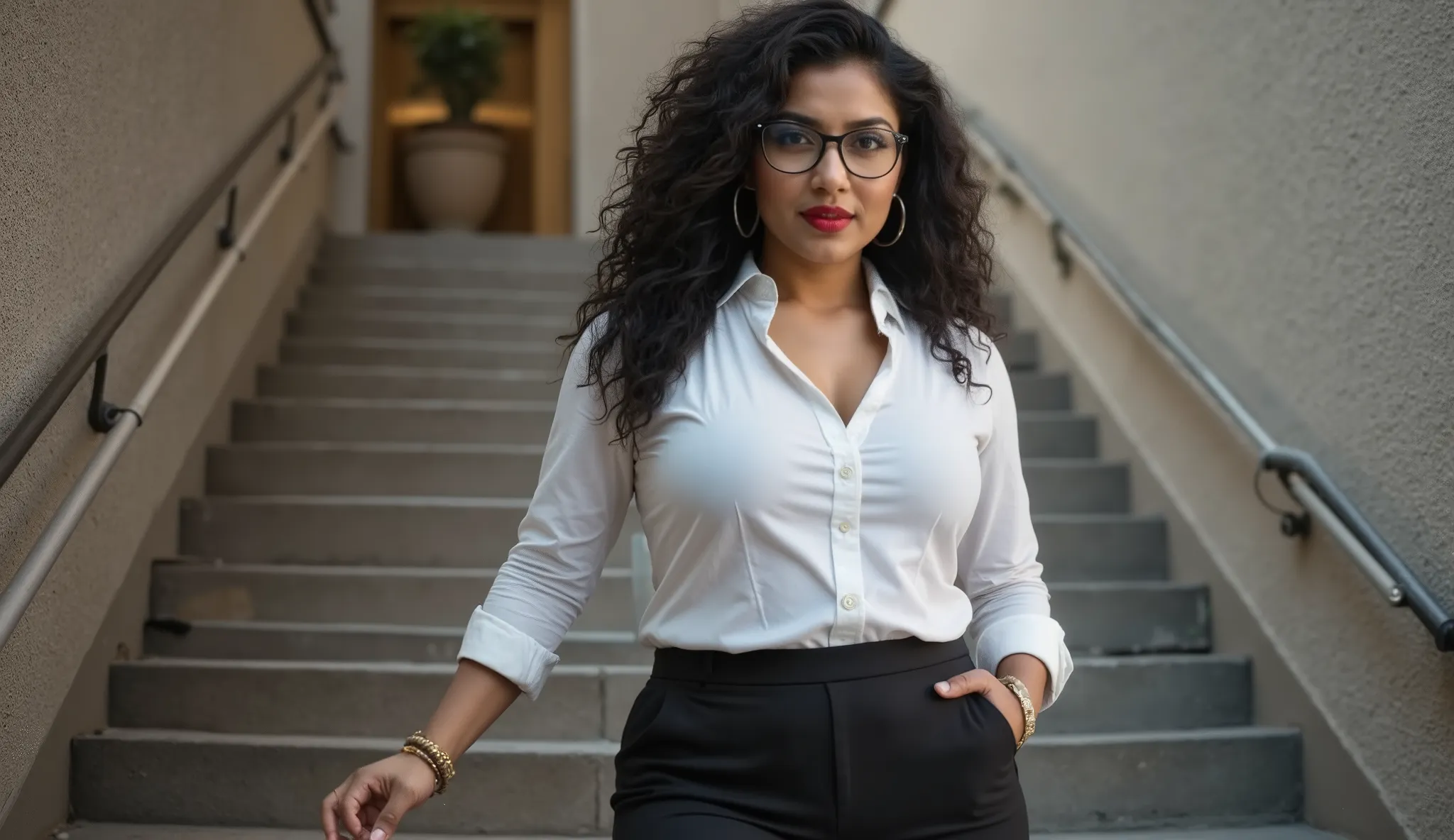 Indian 30 years old woman, curvy figure, beautiful round face, red lips, curly black long hair, wearing white shirts,wearing glass on eyes, wearing black leggings, down walking from stairs