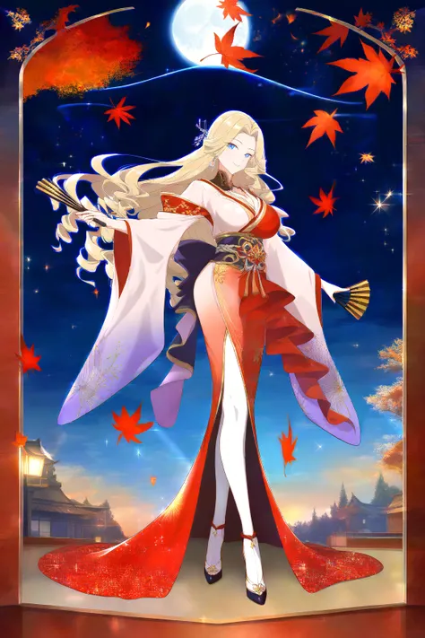 A beautiful mature woman under a tree with autumn leaves 。
( Masterpiece,  top quality,  very detailed depiction,16k, drawn by a professional illustrator , High quality anime picture ),
( glitter kimono based on red and white with gold embroidery:5.5,Silve...