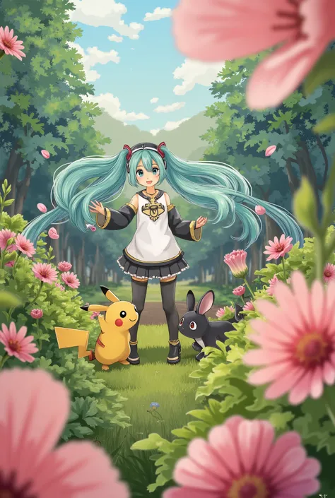 ( masterpiece、 top quality、 top quality、 Official Art、  beautiful and beautiful  :1.2)、( one girl:1.3) Hatsune Miku、 twin tails, on hands, Pokémon,  BLACK RABBIT LADY ,  1 GIRL, pikachu, Pokéball,  Pokémon trainer uniform, Pasture,   colorful flowers,  Sof...