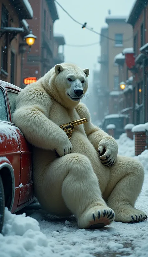 A massive polar bear mafia boss, his thick white fur lined with scars, leans against a vintage car in a snowy back alley. He exhales a cloud of smoke, his gold-plated revolver resting lazily on his lap. Two tiger-striped lynx snipers, hidden in the nearby ...