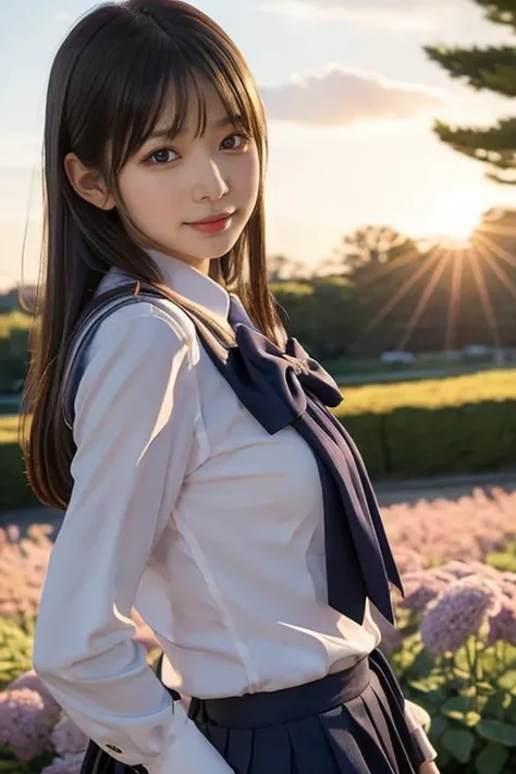  actual photo 、Highest im age quality、real im age、  連邦制服 miniskirt、Kashiwagawa Wakako   、** Age Japanese Woman 、 lady. bow、cute girl、、   miniskirt 、 Watch Viewers, close-up, colorful flower field,romantic sunset,