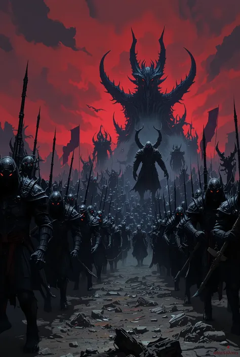 "Depict a vast, ominous army of darkness marching forward under a blood-red sky, ready for war. Thousands of shadowy warriors, clad in black armor with glowing crimson eyes, move in perfect formation across a barren, war-torn landscape. Towering warlocks a...